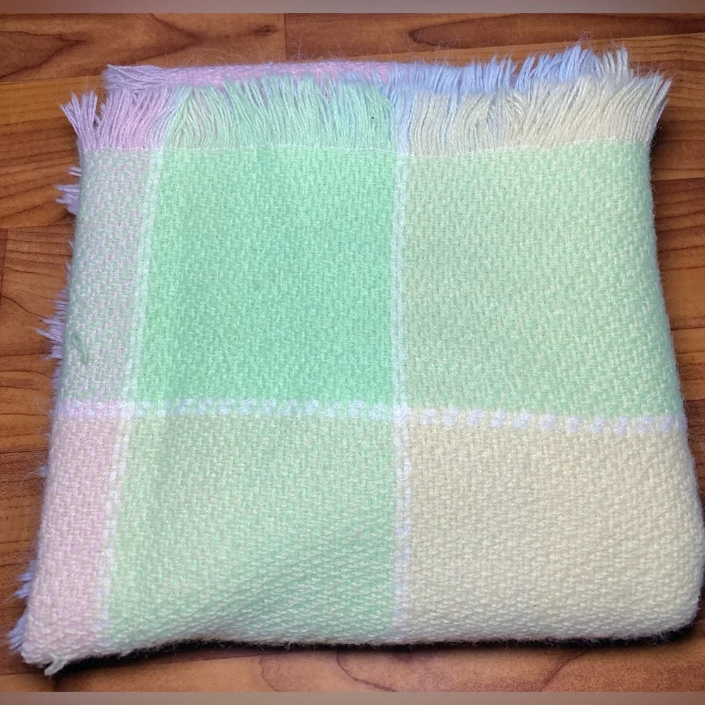 Baby Blanket Three Weavers Pastel Pink Blue Green Squares Acrylic Fringe Vintage